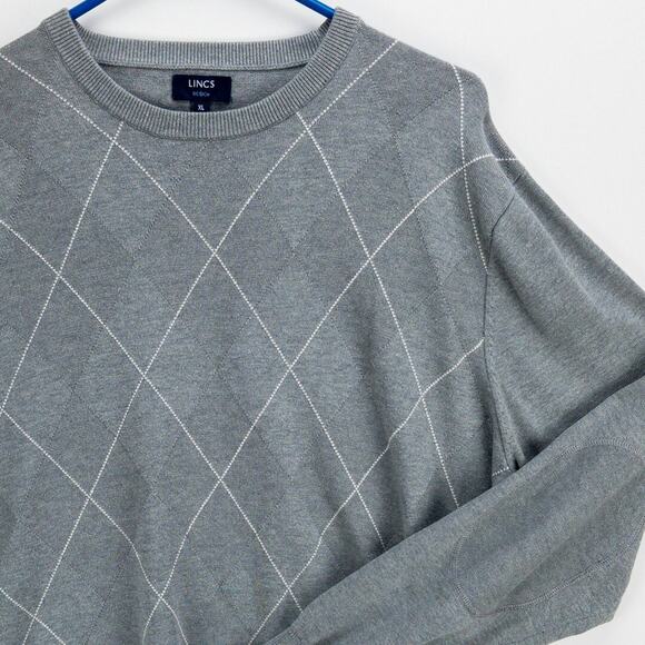 LINCS Silk Cashmere Sweater Men's XL Patch Elbows Crewneck Gray White Diamonds - Picture 4 of 11